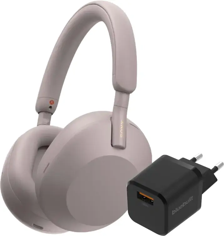 Sony WH-1000XM5 Roze + BlueBuilt Quick Charge Oplader met Usb A Poort 18W Zwart