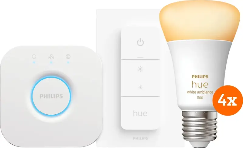 Philips Hue White Ambiance Starter Pack E27 met 4 lampen, dimmer + bridge