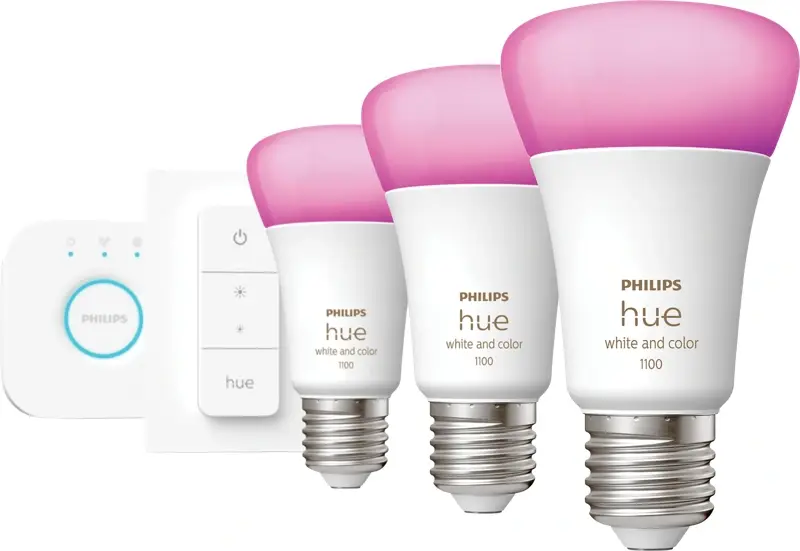 Philips Hue White and Color Starter Pack E27 met 3 lampen, dimmer + Bridge