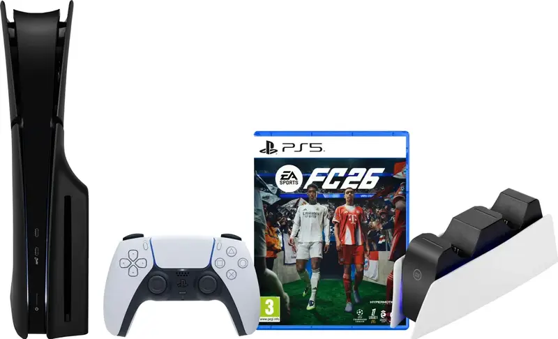 PlayStation 5 Slim Disc Edition + FC 26 + Covers Zwart + Oplaadstation