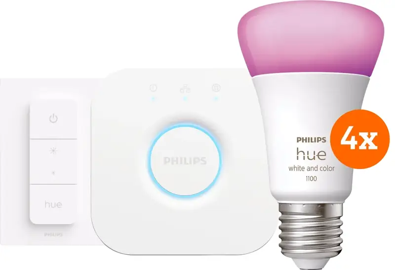 Philips Hue White and Color Starter Pack E27 met 4 lampen, dimmer + bridge