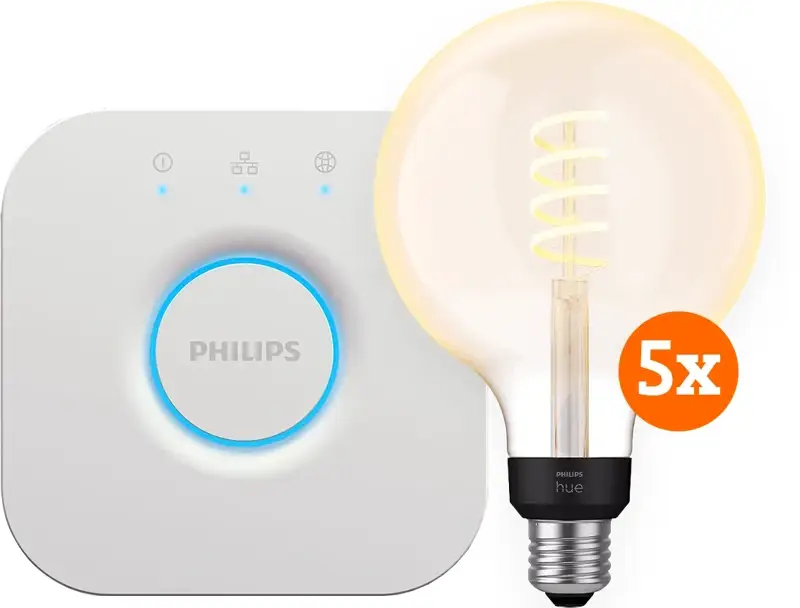 Philips Hue Filament White Ambiance Globe XL 5-Pack + Bridge