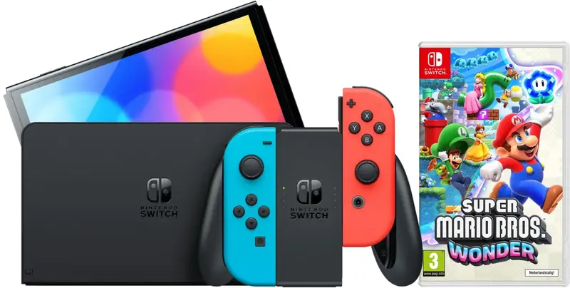 Nintendo Switch OLED Blauw/Rood + Super Mario Bros. Wonder