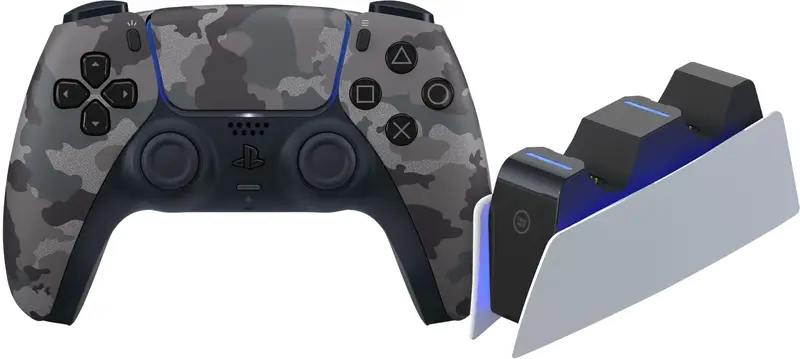 Sony PlayStation 5 DualSense Draadloze Controller Grey Camo + BlueBuilt Oplaadstation