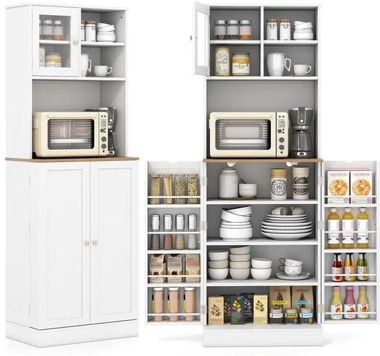 COSTWAY Keukenkast 170 cm, buffetkast hoog, voorraadkast met 2 glazen deuren, 8 deurplanken, werkblad en verstelbare planken, hoge kast, multifunctionele kast, voor keuken, woonkamer, eetkamer, wit