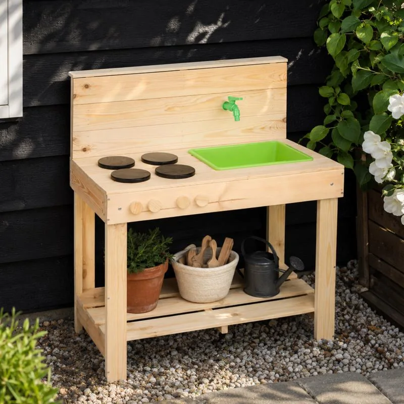 Houten modderkeuken met kraan - buiten speelkeuken