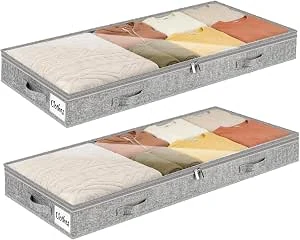 10 cm Hoge Opbergzakken voor Onder het Bed met Deksel, Platte 50L Opberger, Opvouwbaar, Stevige Rits, PVC Venster en Verstevigde Handgrepen, voor Kleding, Dekbedden en Beddengoed, 2 Stuks