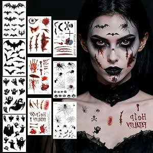10 Vellen Halloween Tatoeagesstickers, Nepbloed Littekentatoeages, Waterdichte Halloween Gezichtsstickers, Tijdelijke Korstige Gezichtstatoeages, Halloweens Make-upaccessoires voor Vrouwen,Volwassenen