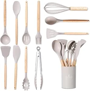 12-Delige Set Keukengerei Set Van Siliconen, Hittebestendig, Antikleef, Met Houten Handvat, Geschikt Voor Alle Pannen En Potten, Keukenaccessoires (Kaki)