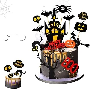 15 Stuks Taartdecoratie Halloween Met Vleermuis, Pompoen, Kasteel, Heks, Bezem, Maan - Cupcake-Toppers en Taarttoppers