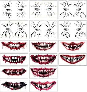 16 stuks Halloween tijdelijke tatoeages voor gezicht en mond, realistische neptatoeages, stickers voor dames, heren en kinderen, griezelige zombie, vampier-littekens, tatoeages voor Halloween, make-up