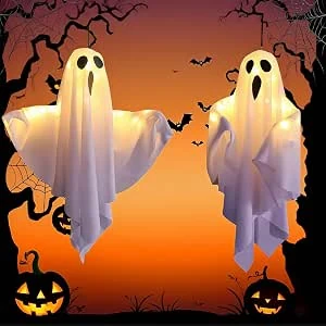 2 Stuks Halloween Decoratie Geesten, Halloween Decoratie Hangende Spook LED-verlichting met 3 Verlichtingsmodi, Halloween Decoraties Geest voor Voortuin, Buiten, Terras, Tuin, Feest(Wit)