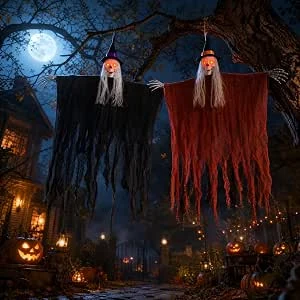 2 stuks Halloween heksendecoratie om op te hangen, horror hangende geest decoratie deur, Halloween deurdecoratie voor binnen en buiten, spook, doodshoofd, geesten skelet geest, hangende decoratie