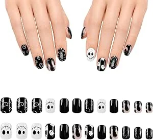 24 zwarte nagellak voor zwart-witte nagels met lange geesten Halloween Nail Art
