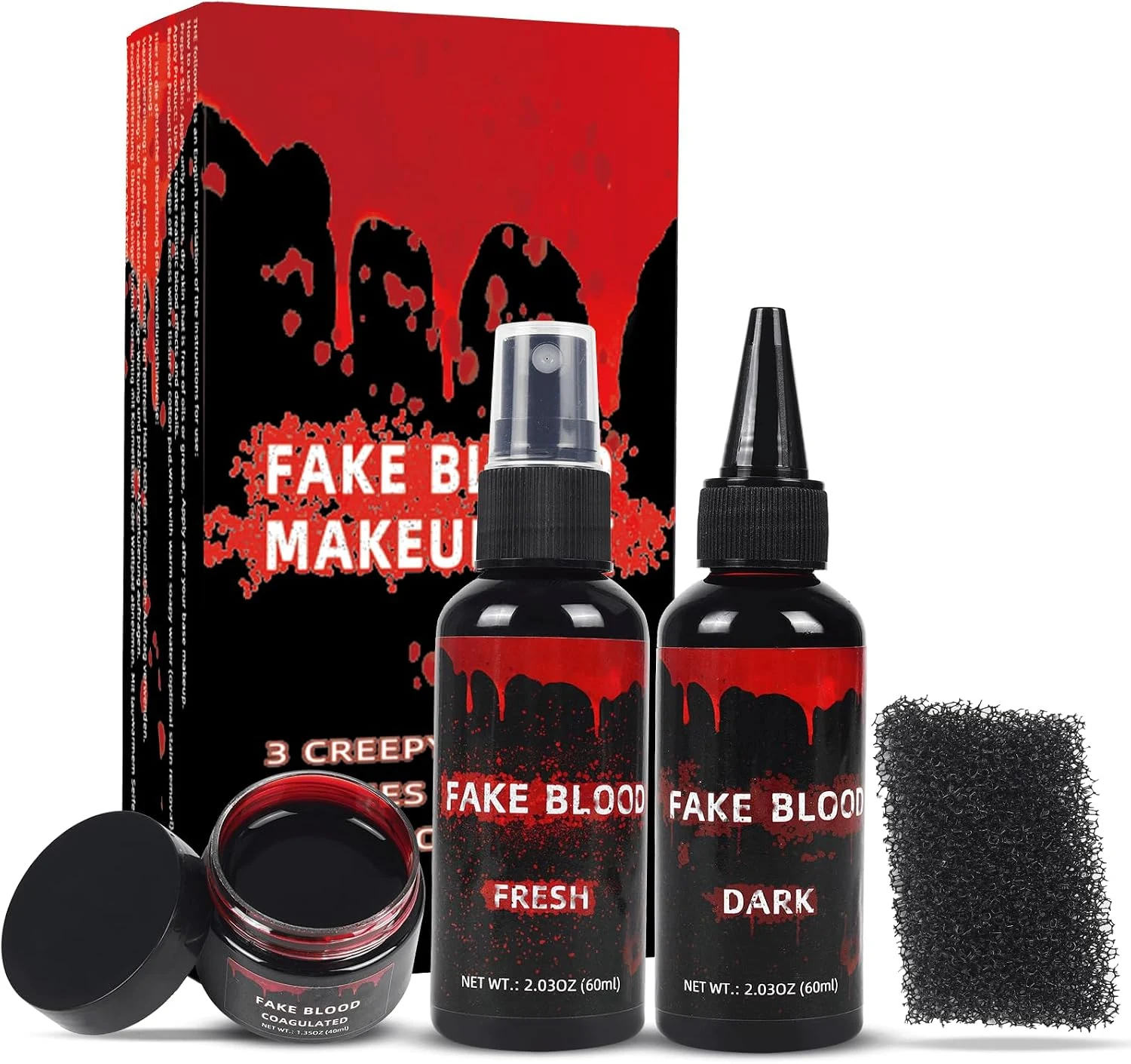 3-delige Halloween nepbloed make-up set, nepbloed druppels 2,03 oz + spray 2,03 oz + gestold 1,35 oz, realistisch afwasbaar nepbloed voor zombie, monster, kleding, vampier, cosplay en verkleedpartijen
