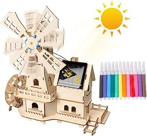 3D houten puzzel, op zonne-energie werkende 3D houten puzzel, doe-het-zelf bouwpakket, modelbouwset, creatief modelbouwproject, wetenschappelijk leerspel (Windmolen)