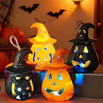 4 stuks Halloween-lantaarns led-verlichting, led-kaarsen voor Halloween, Halloween-lantaarns, pompoenlampen, retro pompoenlampen, Halloween-decoratie voor thuis, tafel, tuin