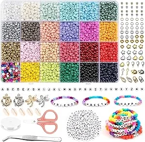 4000 stuks 4 mm kralen, kleurrijke set, 300 stuks letterkralen, glazen kralen, kettingen zelf maken met elastische koorden en schaar, kralenset voor armbanden, sieraden, voor Kerstmis, kinderen,