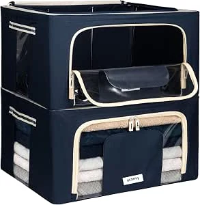 4CONVY Kledingboxen met Metalen Frame – Stevige Opbergboxen voor Kleding, Dekbedden en Dekens – Stapelbare Opbergdozen voor Kastorganisatie met Doorzichtig Venster en Handgrepen – Opvouwbaar – 2x24L
