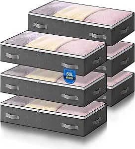 AIOR 6 Stuks 60L Opbergzakken voor Onder het Bed, Opvouwbare Opbergzakken met Grote Inhoud voor Kleding, Dekbedden, Dekens en Beddengoed (Grijs)