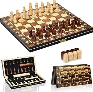 Aissom Internationaal Schaken XQ1 Houten schaakspel, 2 in 1 schaakspel, magnetisch schaakspel met opbergruimte, opvouwbaar voor feest, familieactiviteiten, reisschaak, kinderschaakspel (29 x 29 cm)