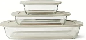 Amazon Basics glazen bakschalen voor de oven, 3 ovenschalen met 3 deksels, Transparant & linnengrijs