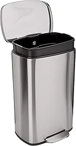 Amazon Basics Keukenvuilnisbak, vierkant, met stalen balk als voetpedaal, soft-close-mechanisme, voor thuis en op kantoor, 50 liter, satijnen nikkel afwerking