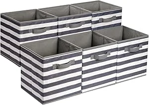 Amazon Basics Opbergkubus, stof, opvouwbaar, organizer met handgrepen, set van 6, gestreept, wit/lichtgrijs, 26,6 x 26,6 x 27,9 cm