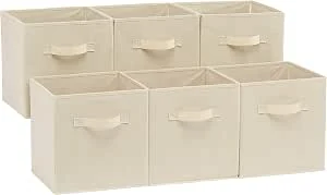 Amazon Basics Opvouwbare opbergkubus/organizer van stof met handgrepen, 26,6 x 26,6 x 27,9 cm, effen beige, 6 stuks