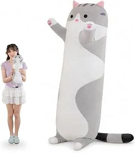 Amozo Kat pluche lang kussen, pluche kat, Kawaii, reusachtig zacht omarmingskussen, speelgoed, cadeau voor kinderen en volwassenen, 1 stuk, grijs, 50 cm