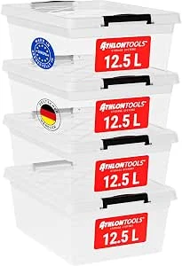 ATHLON TOOLS 4x 12 L opbergdozen met deksel, voedselveilig - Sluitclips - 100% nieuw materiaal Plastic doos transparant - Kledingdozen stapelbaar…