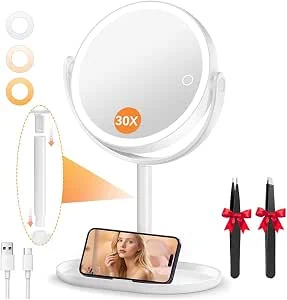 Auxmir 30X Vergrootspiegel met licht, 9" oplaadbare make-upspiegel met pincet, 3 kleuren traploze dimbare spiegels met telefoonhouders, 360° vrijstaande, afneembare make-upspiegels voor slaapkamer