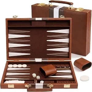 Backgammon Set, PUYUKO 11 Inch Reis Backgammon Bordspel, Opvouwbaar Backgammon Spel met Dobbelstenen, Speelstenen en PU Leren Koffer, Luxe Cadeau voor Volwassenen, Kinderen en Familie (Bruin)