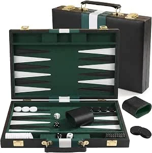 Backgammon Set, PUYUKO 11 Inch Reis Backgammon Bordspel, Opvouwbaar Backgammon Spel met Dobbelstenen, Speelstenen en PU Leren Koffer, Luxe Cadeau voor Volwassenen, Kinderen en Familie (Groen)