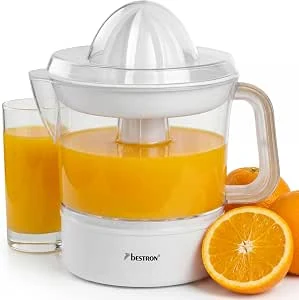 Bestron Elektrische citrus- en sinaasappelpers, incl. 2 perskegels en aromadeksel, motor met twee draairichtingen (links/rechts), inhoud: 0,7 liter, Nordic Home collectie, kleur: matwit/hout