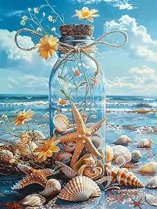Bimkole 5D Diamond Painting Kits Schelp, DIY Diamant Schilderij Kit Strand Fles Ronde Boor Crystal Strass Kruissteek Diamond Painting Foto's Voor for Home Wall Decoratie 30x40cm