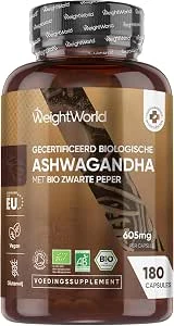 Biologische Ashwagandha capsules - 605 mg - Verrijkt met Biologische Zwarte Peper - 180 vegan capsules voor 6 maanden voorraad - Gemaakt in de Europese Unie - Van WeightWorld