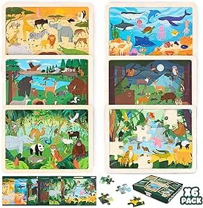 BONNYCO Houten Puzzels voor Kinderen 6 Sets van 24 Stukken met Werelddieren
