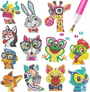 BOUTIKS 5D Diamond Painting Dieren, 12 stuks DIY Animal Painting Dieren Diamond Sticker Kit Diamond Painting Kits voor Stickers Kinderjongen Verjaardagscadeau