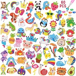 CAYUDEN Diamond Painting Stickers - 60 Stuks 5D Diamantschilderij Afbeeldingen voor Kinderen en Volwassenen - DIY Dieren Diamant Schilderij Set - Gem Art Kit