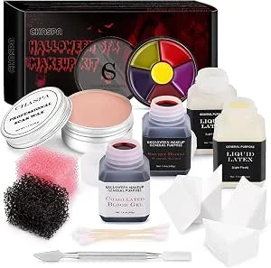 CHASPA Halloween vloeibare latex SFX make-up kit litteken wax + 2 x vloeibare latex + 2 x nepbloed + spatel gereedschap