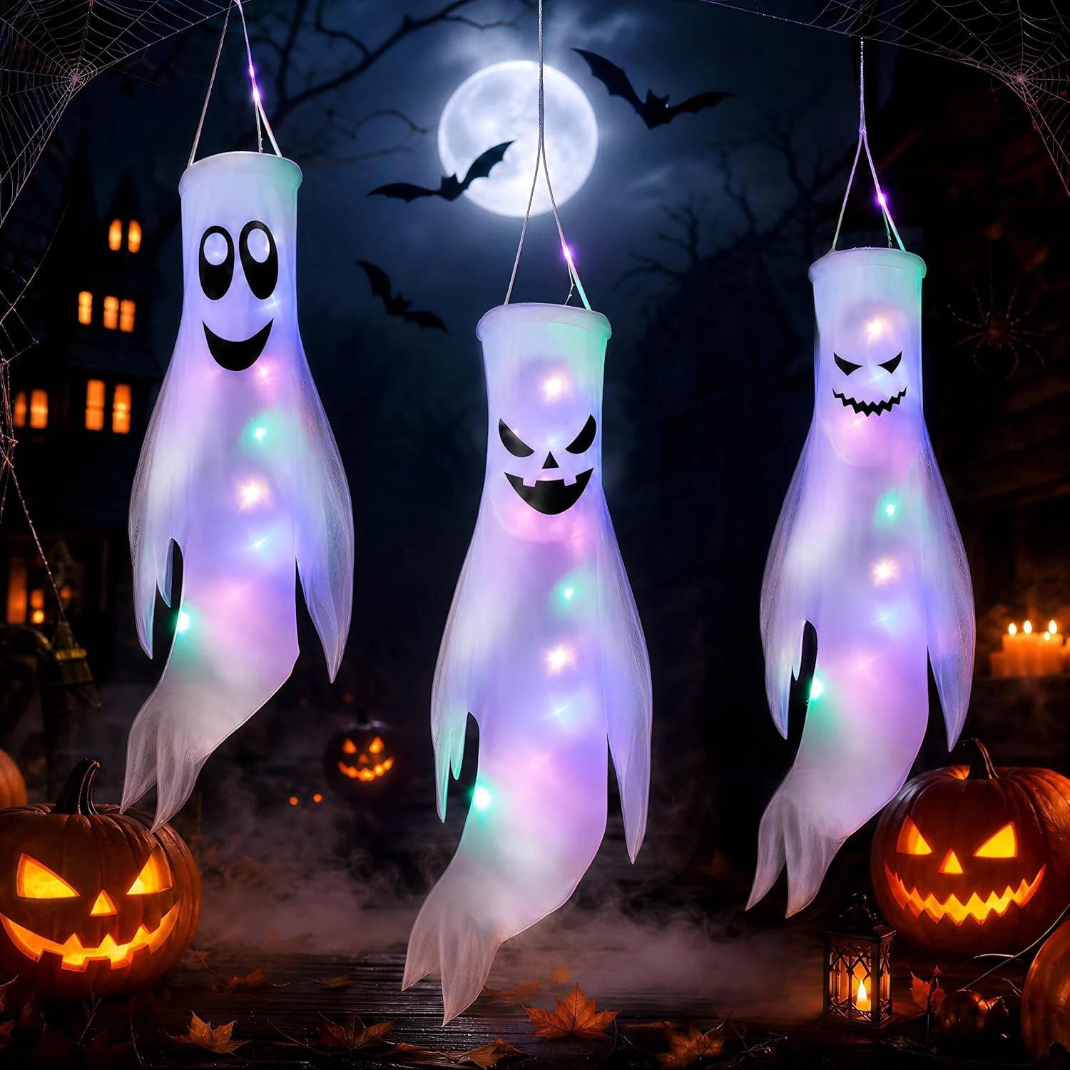 CNMTCCO Set van 3 decoratieve Halloween-geesten met ledlicht, Halloween-decoratie voor buiten, hangende decoratie voor tuin, binnenplaats, terras, feest