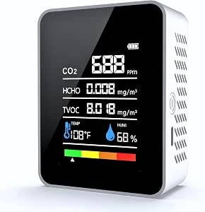 CO2-meter, 5-in-1 luchtkwaliteitsmeter voor binnen, CO2-melder, formaldehydemeter, thermometer, hygrometer met alarm, luchtkwaliteitsmonitor TVOC/HCHO/CO2-monitor voor thuis, kantoor, auto