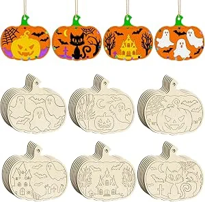 COCHIE 36 stuks Halloween houten doe-het-zelf pompoen ambachtelijke kits blanco pompoen ornamenten ambachtelijke kits onafgewerkte overschilderbare plakjes Halloween hangende decoraties voor kinderen