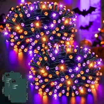 Dalugo 2 stuks lichtsnoeren, oranje/paars, 5 m, 50 leds, groene kabel met 6H timer, IP65 waterdicht batterijgevoed voor binnen en buiten, kerstdecoratie