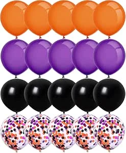 DOJoykey 20 stks Halloween Decoratie Ballonnen, 12 inch Zwart Oranje Paars Latex Ballonnen Halloween Ballonnen Met Inner Confetti voor Halloween Thuis Party Decoratie