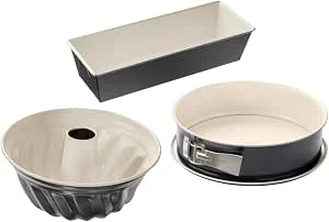 Dr. Oetker 3'er bakvormen-set met springvorm Ø 26, tulbandvorm Ø 22 en vierkante bakvorm 30 x 13 cm uit staal met keramisch versterkte ILAG anti-aanbaklaag