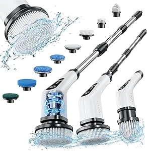 Elektrische draaiende schrobber, Leebein draadloze reinigingsborstel met 8 vervangbare boorborstelkoppen, bad en vloertegel 360 Power scrubber-dweil met verstelbare handgreep van 54 in/137 cm voor badkamer, keuken, auto (Wit)