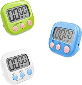 Fousenuk Verpakking van 3 digitale eiertimers met magnetische basis en opklapbaar standaard, groot LCD-scherm, wit, blauw, groen
