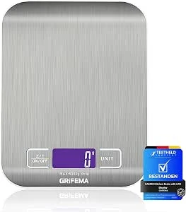 GRIFEMA - GA2002, keukenweegschaal met LCD-scherm, roestvrij staal, multifunctionele voedselweegschaal van 5 kg/11 pond, blauw [exclusief voor Amazon]